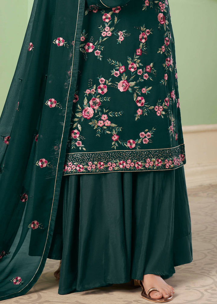 Pine Green Georgette Salwar Suit with Multi Colour Thread Embroidery & Sequence work