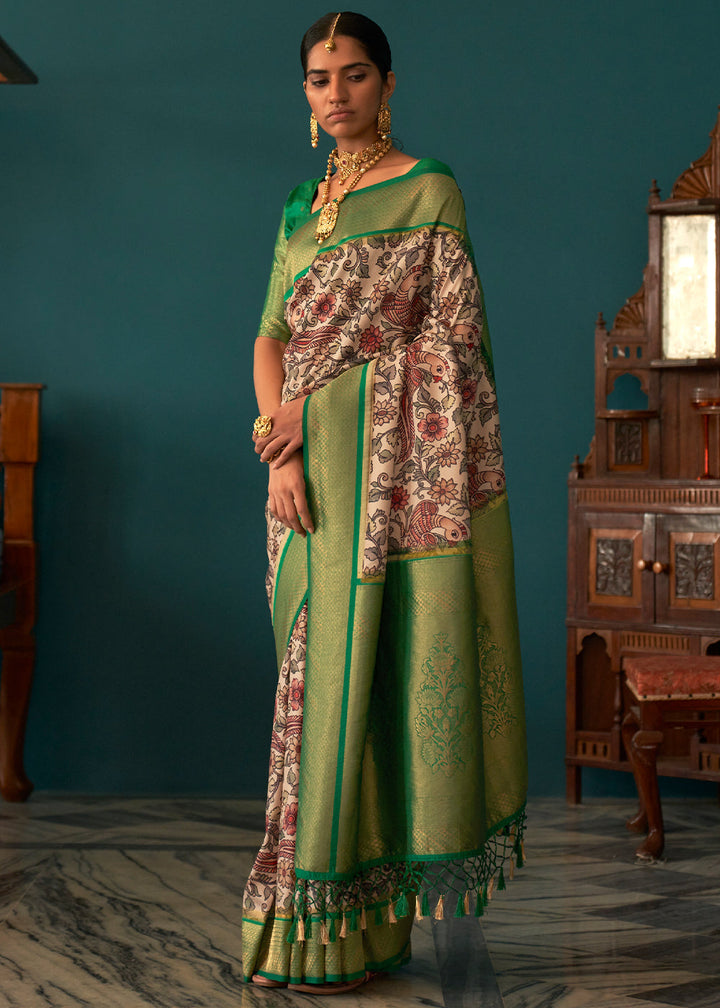 White & Green Tussar Silk Saree with kalamkari Print