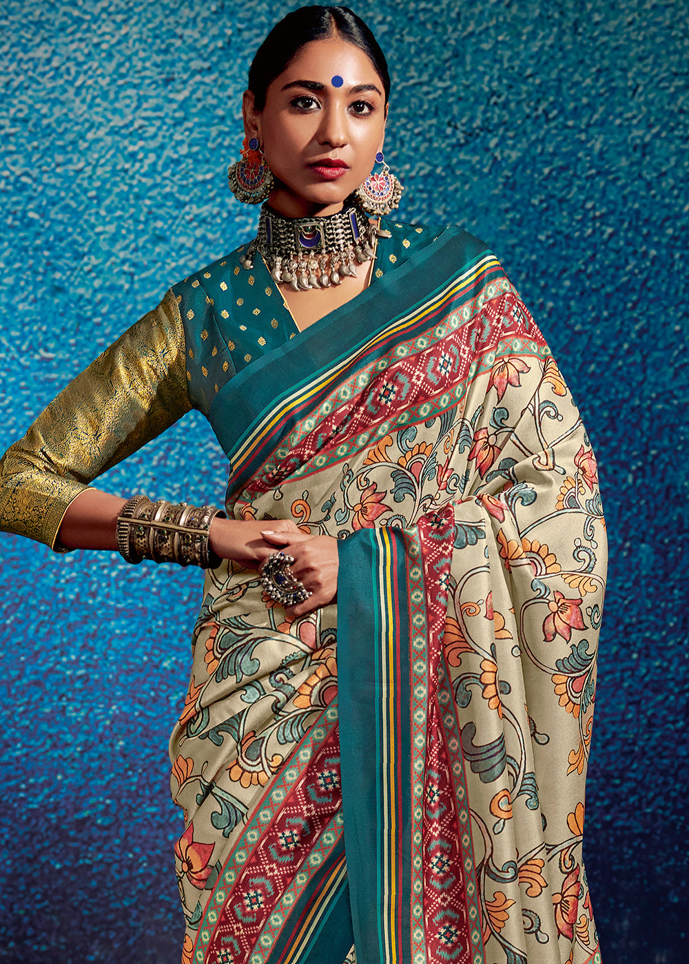 Ivory White & Blue Kalamkari Printed Soft Tussar Silk Saree with Patola Pallu