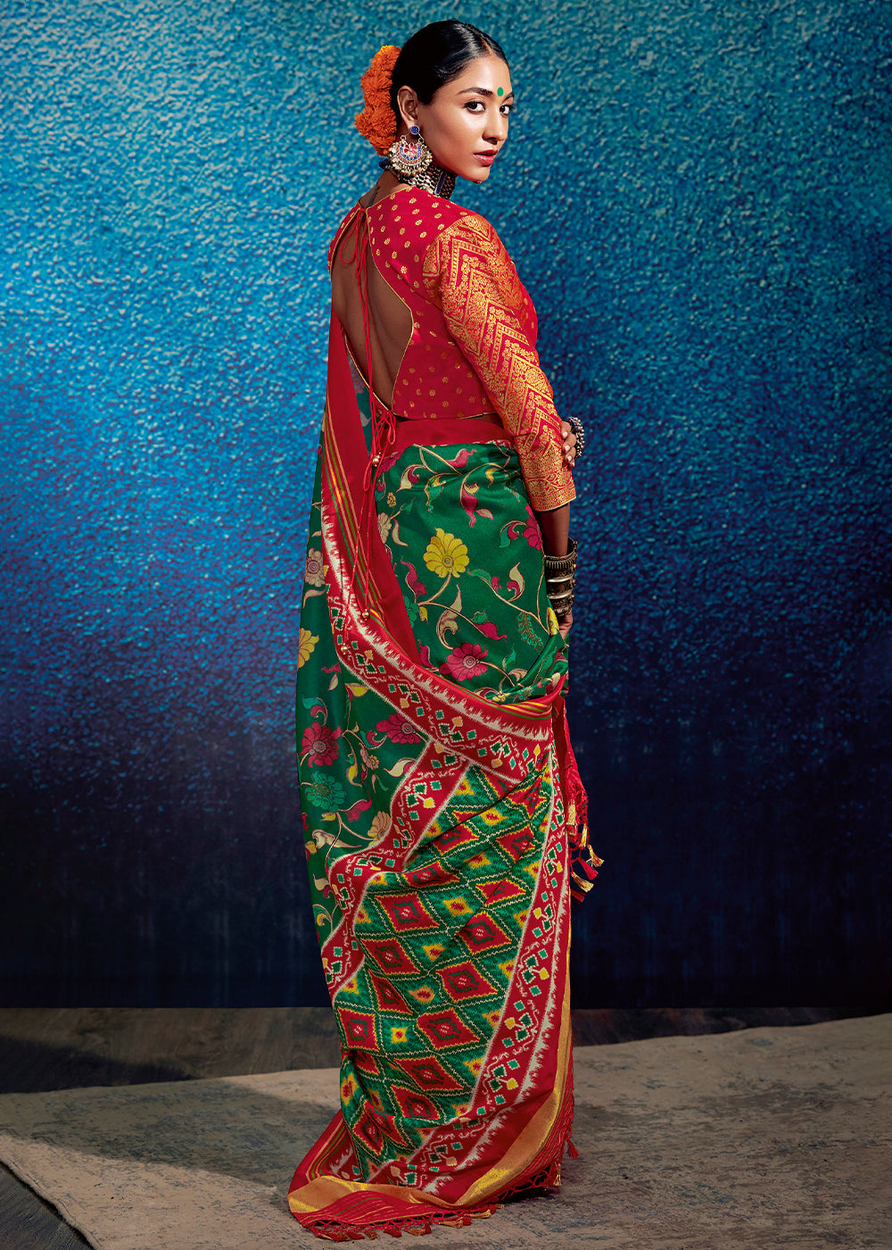 Forest Green & Red Kalamkari Printed Soft Tussar Silk Saree with Patola Pallu