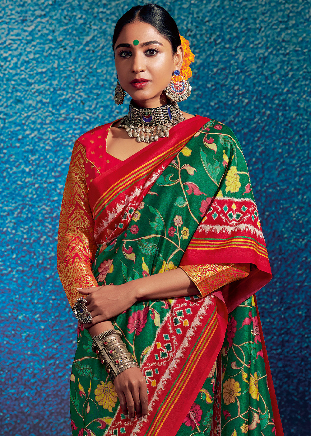 Forest Green & Red Kalamkari Printed Soft Tussar Silk Saree with Patola Pallu