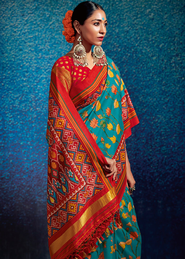 Pacific Blue & Red Kalamkari Printed Soft Tussar Silk Saree with Patola Pallu