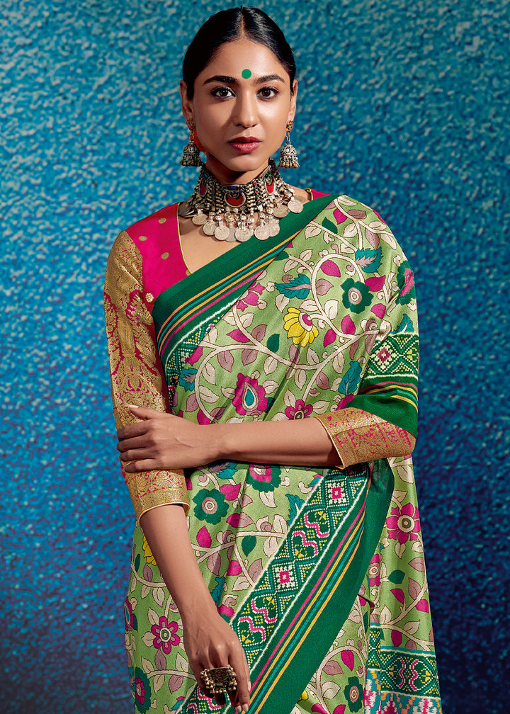 Shades Of Green Kalamkari Printed Soft Tussar Silk Saree with Patola Pallu