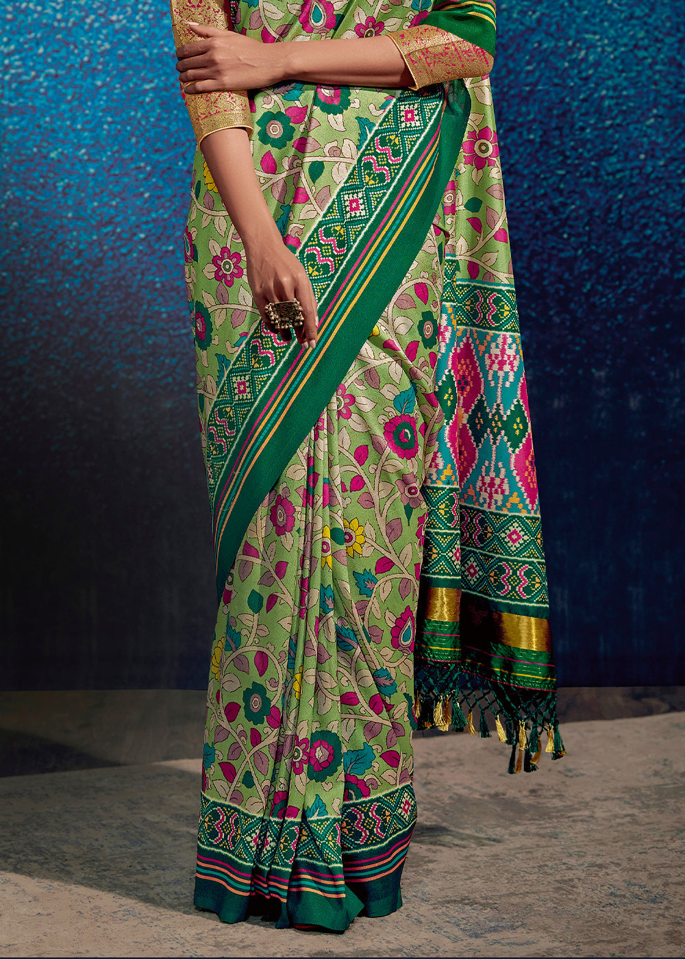 Shades Of Green Kalamkari Printed Soft Tussar Silk Saree with Patola Pallu