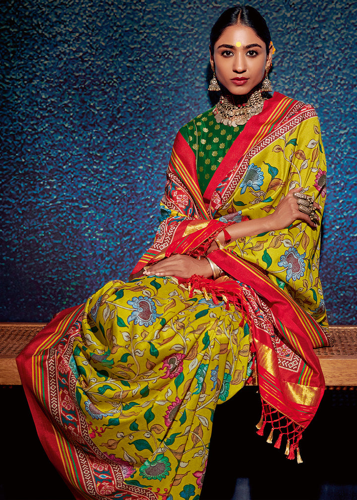 Butter Yellow Kalamkari Printed Soft Tussar Silk Saree with Patola Pallu