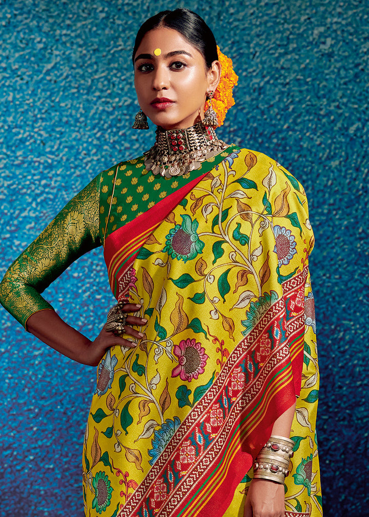 Butter Yellow Kalamkari Printed Soft Tussar Silk Saree with Patola Pallu