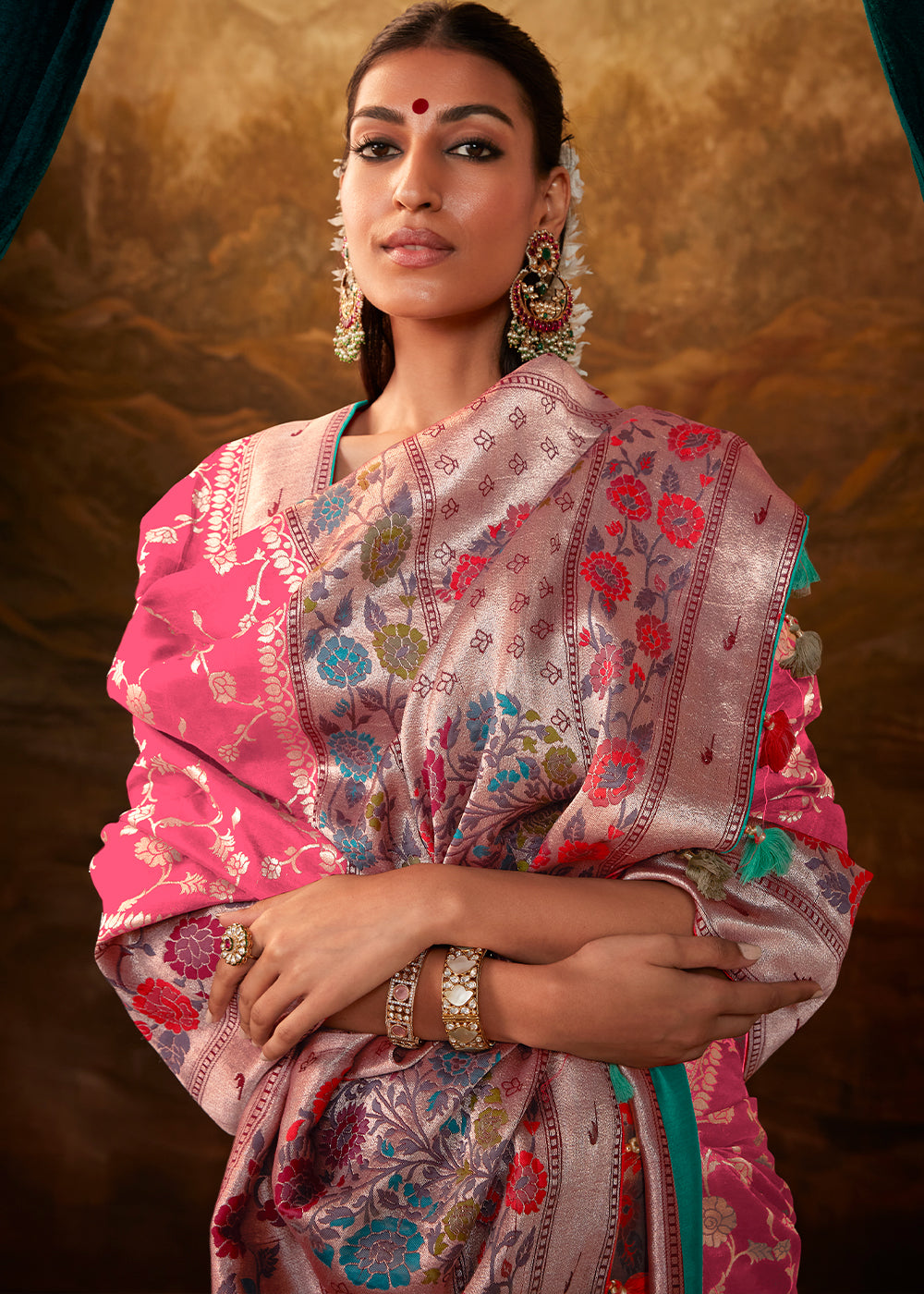 French Rose Pink Paithani Banarasi Silk Saree having Resham Woven Floral Motifs