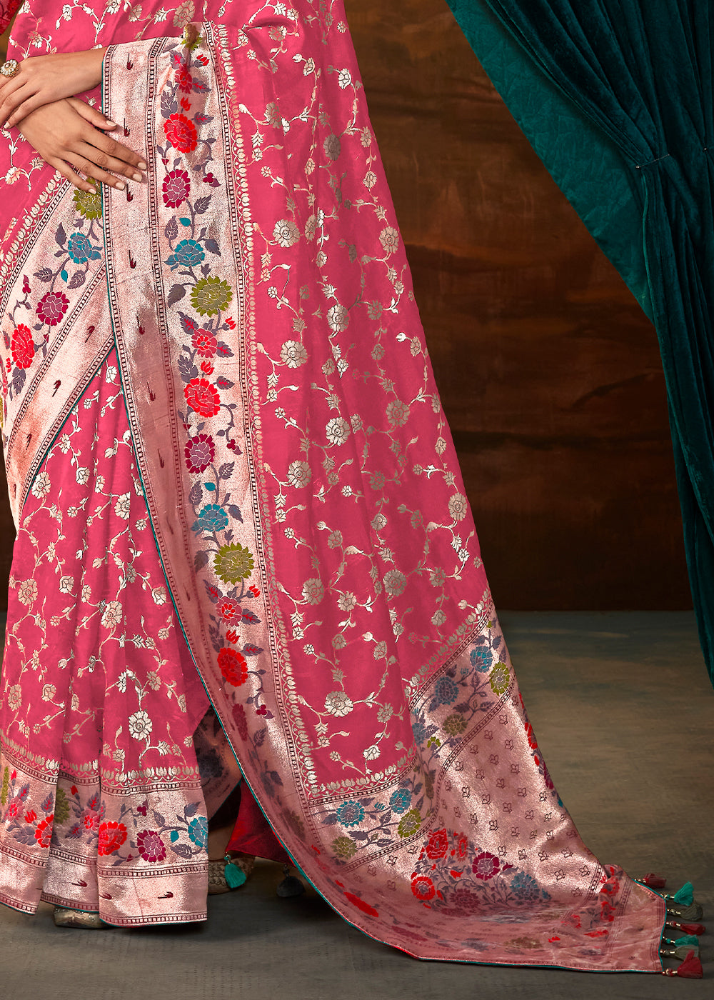 French Rose Pink Paithani Banarasi Silk Saree having Resham Woven Floral Motifs