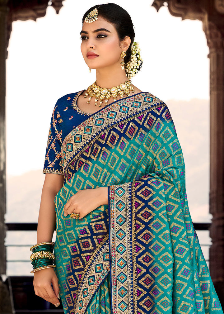 Teal Blue Woven Dola Silk Saree with Embroidered Blouse