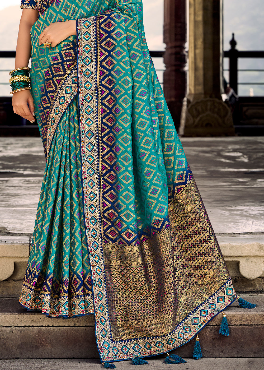 Teal Blue Woven Dola Silk Saree with Embroidered Blouse
