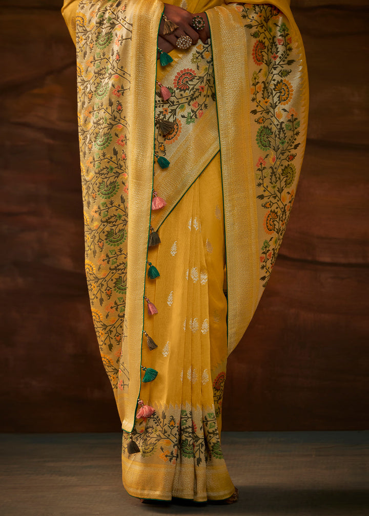 Pineapple Yellow Paithani Banarasi Silk Saree having Resham Woven Floral Motifs