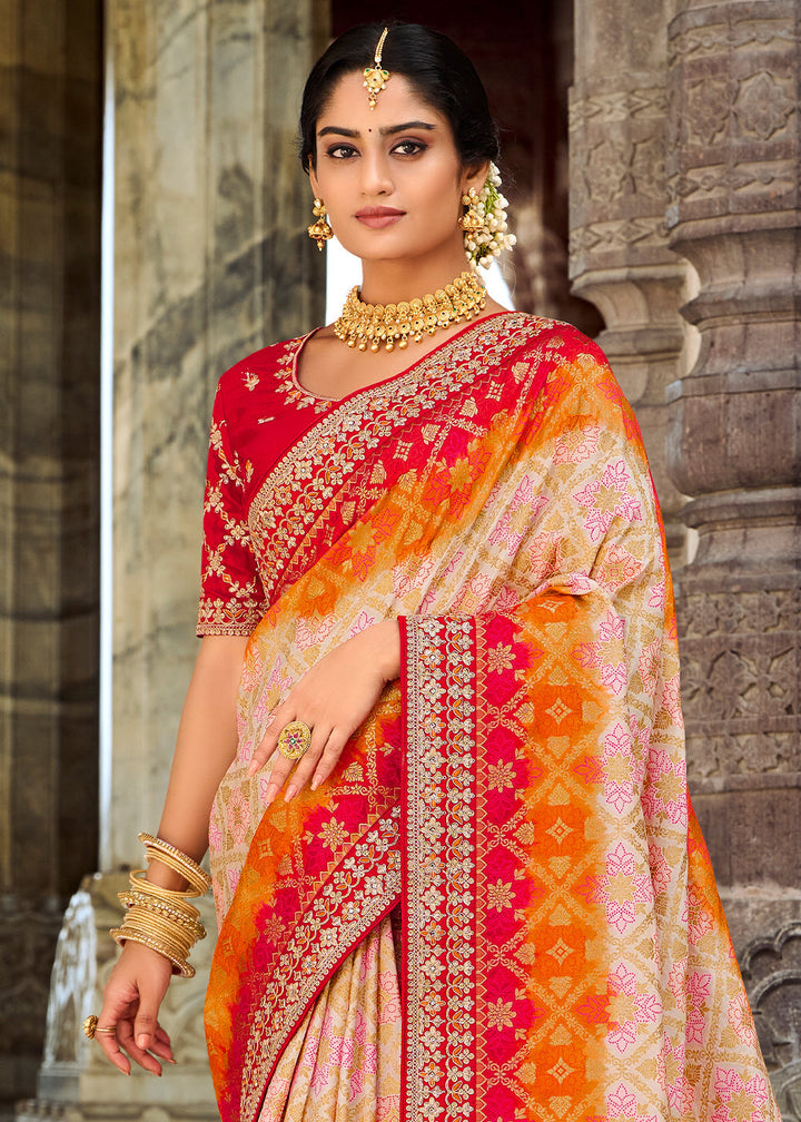 Multi Colored Woven Dola Silk Saree with Embroidered Blouse