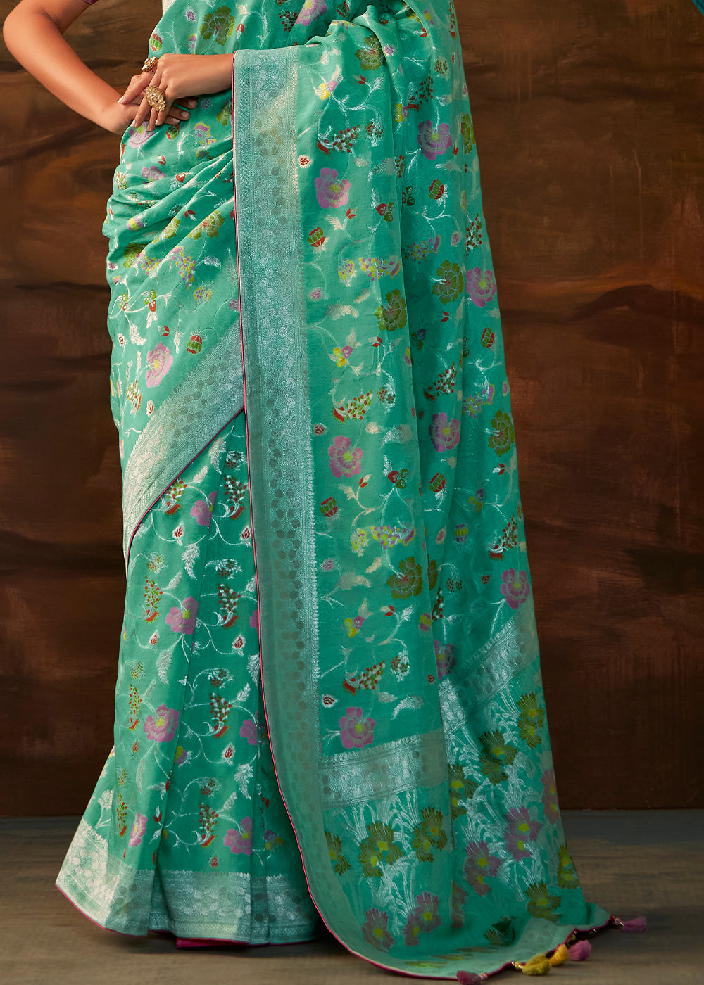 Turquoise Blue Paithani Banarasi Silk Saree having Resham Woven Floral Motifs