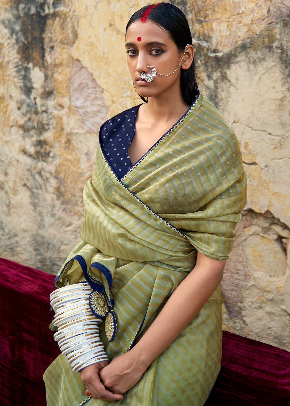 Sage Green Zari Weaving Organza Saree with Embroidered Blouse