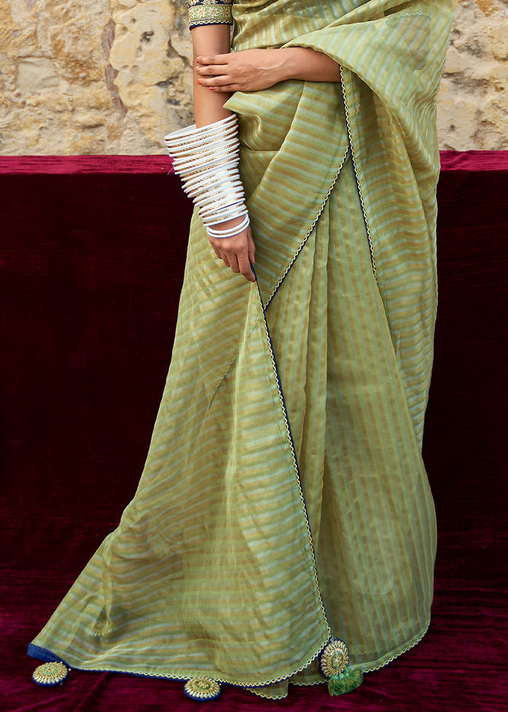 Sage Green Zari Weaving Organza Saree with Embroidered Blouse