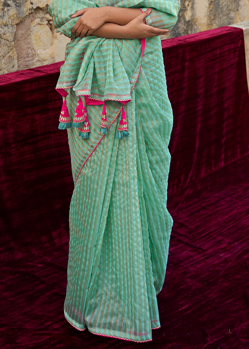 Verdigris Blue Zari Weaving Organza Saree with Embroidered Blouse