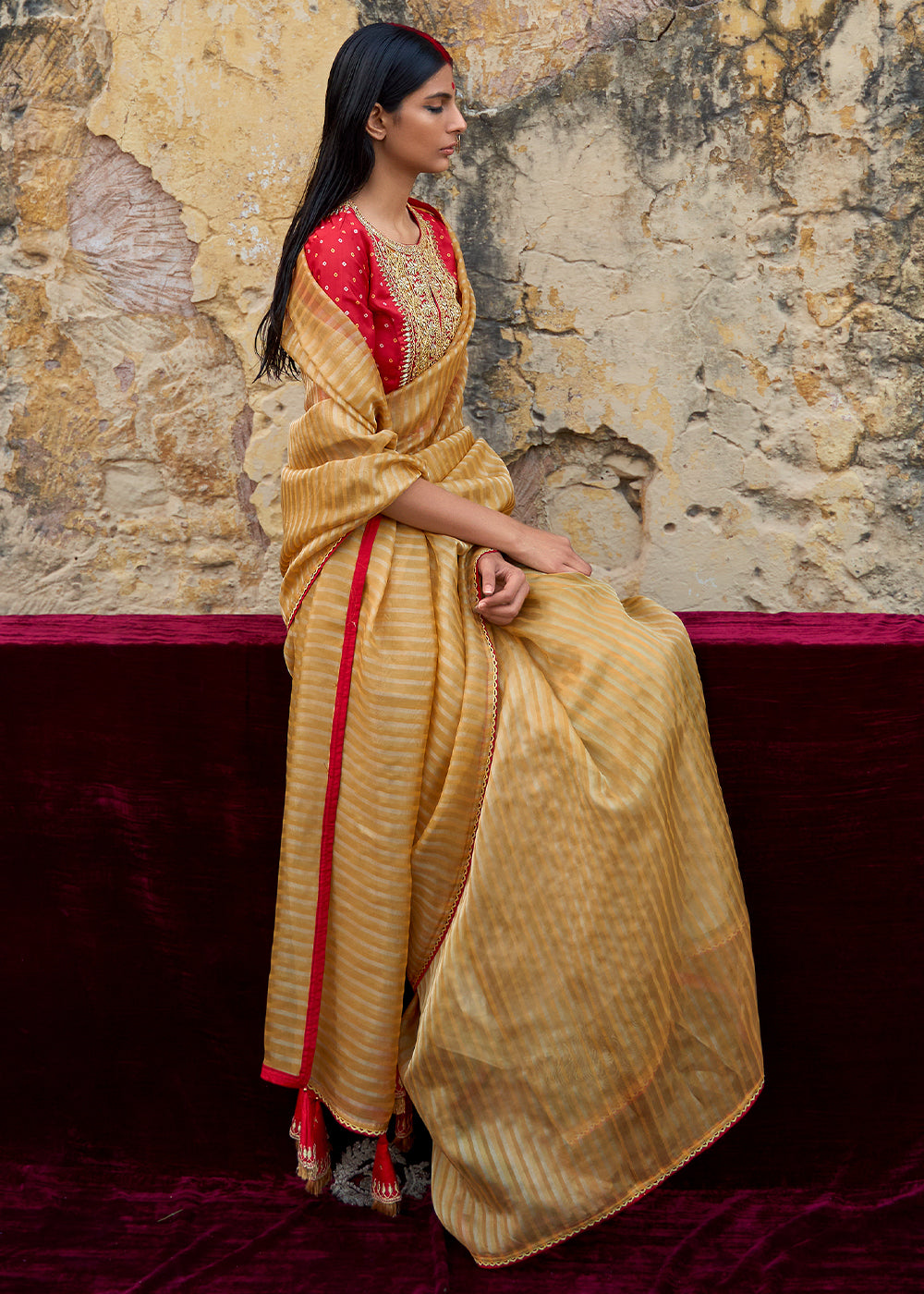 Mustard Yellow Zari Weaving Organza Saree with Embroidered Blouse
