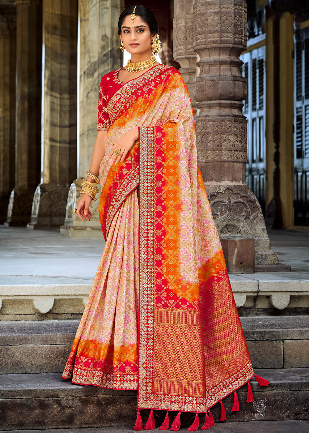 Multi Colored Woven Dola Silk Saree with Embroidered Blouse