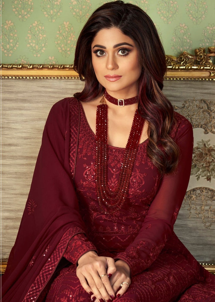 Barn Red Georgette Embroidered Anarkali Suit: Top Pick