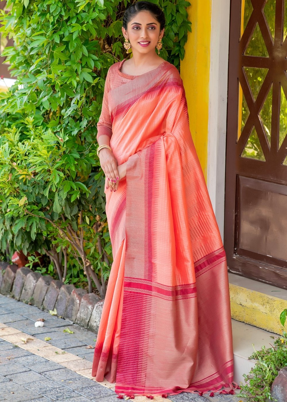 Peach Pink Zari Weaving Silk Saree with Tassels on Pallu