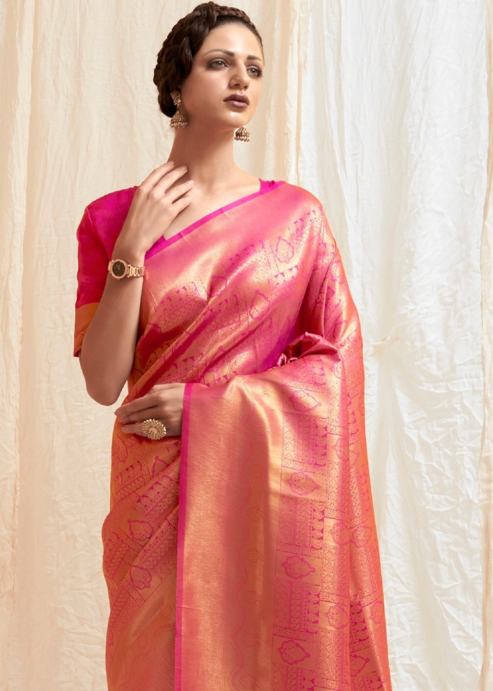 Deep Pink & Golden Blend Kanjivaram Silk Saree