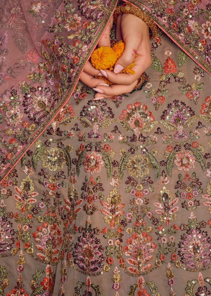 Light Brown Georgette Bridal Lehenga Choli with Resham and Jari Embroidery and Stone work