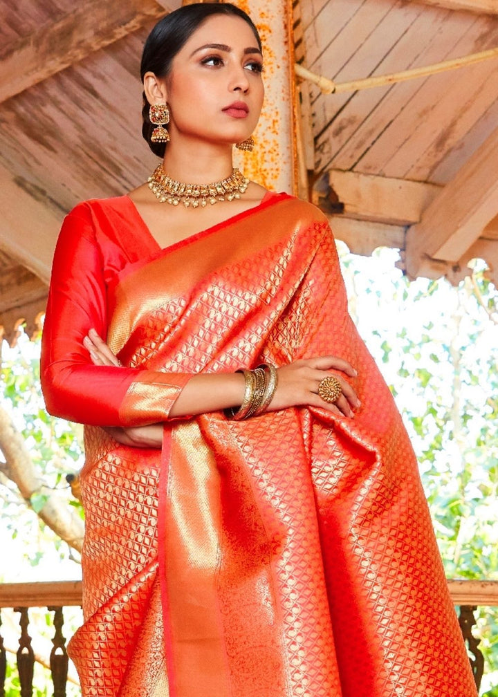Scarlet Red Zari Woven Kanjivaram Silk Saree