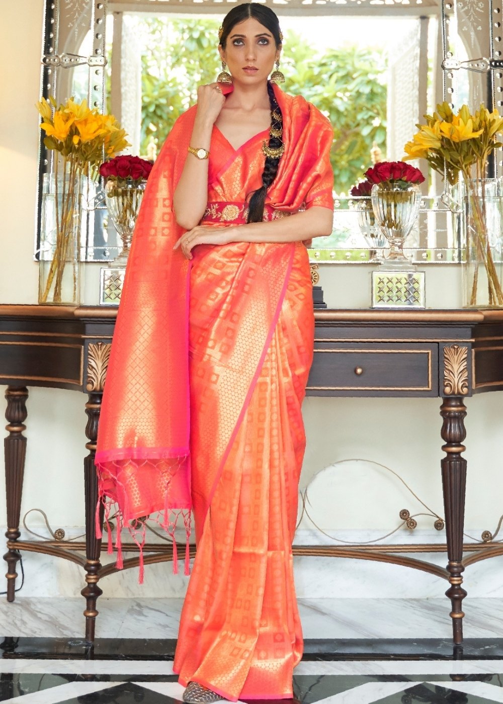 Persimmon Orange Zari Woven Kanjivaram Silk Saree with Tassels on Pallu