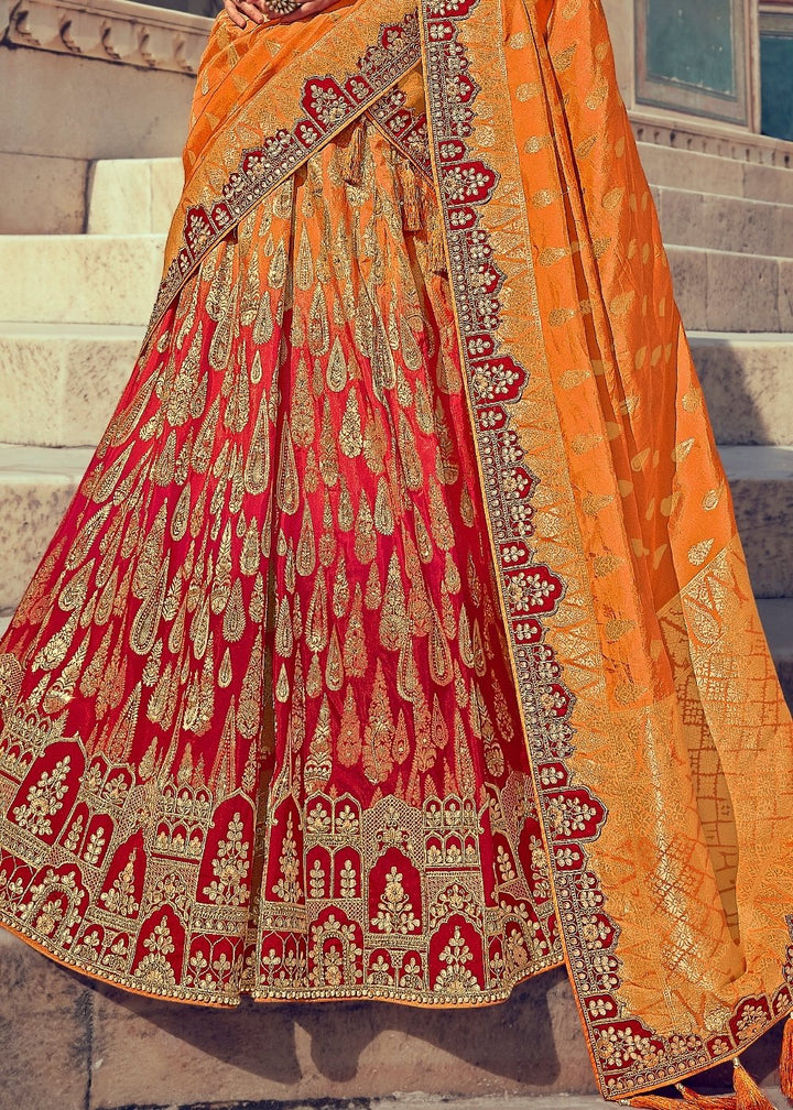 Tangerine Orange & Red Banarasi Silk Lehenga Choli with Khatli work Embroidery
