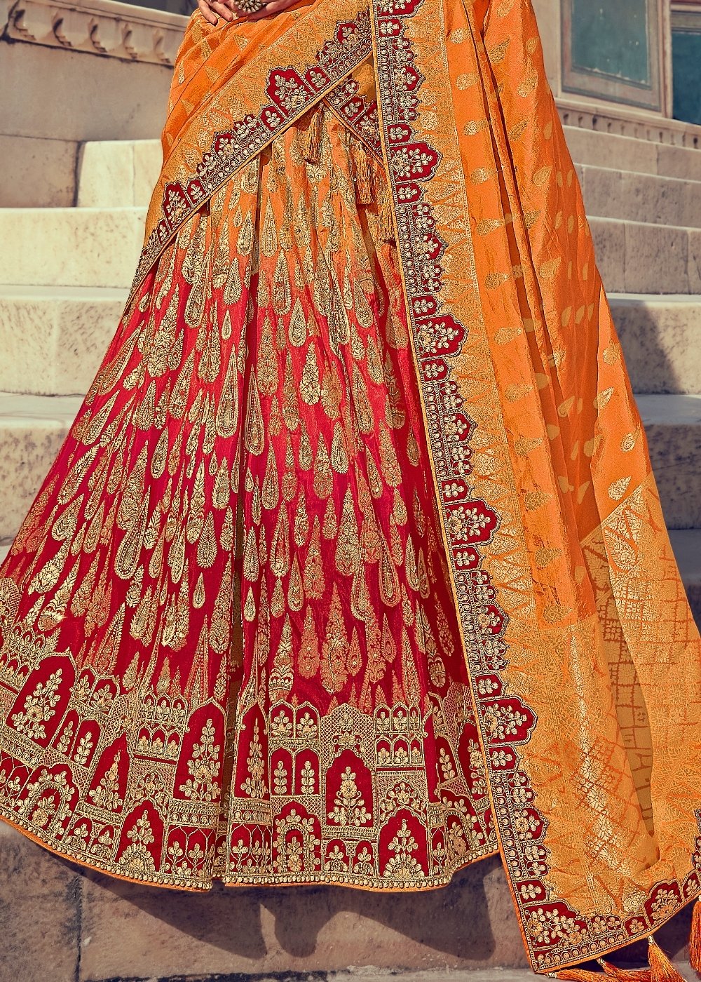 Tangerine Orange & Red Banarasi Silk Lehenga Choli with Khatli work Embroidery