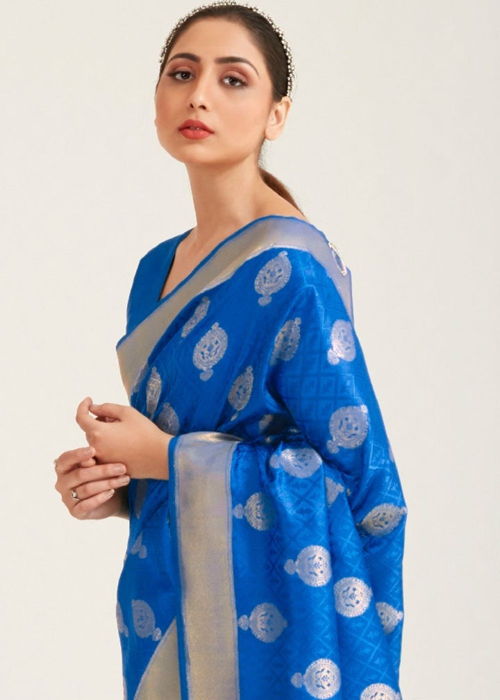 Egyptian Blue Zari Butta Woven Banasari Silk Saree