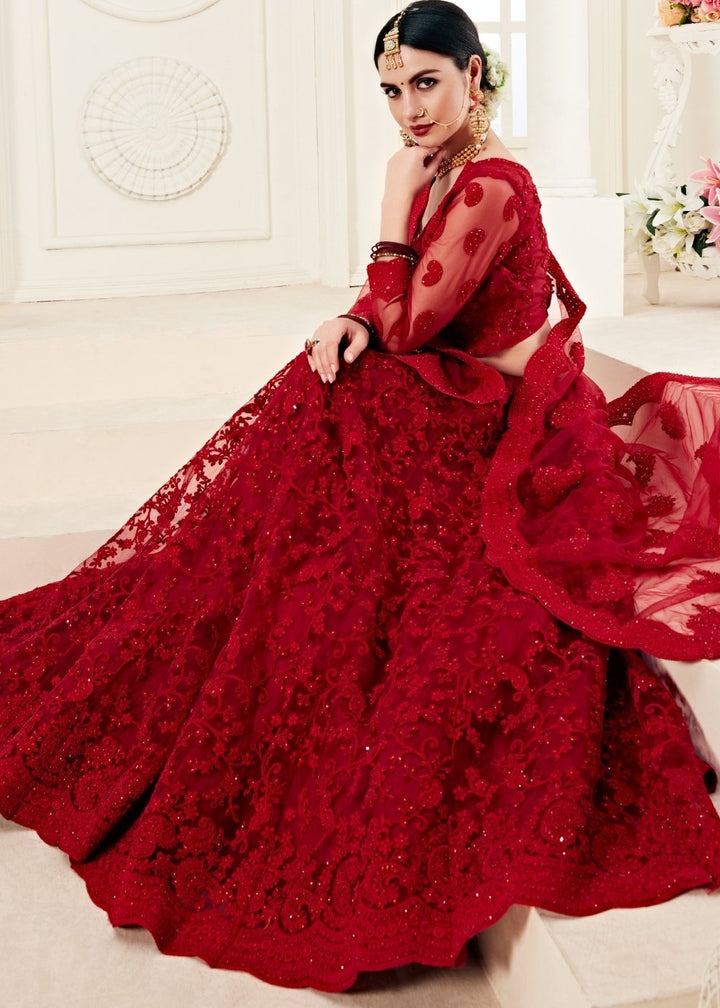Scarlet Red Soft Net Lehenga Choli with Cording Embroidery & Stonework