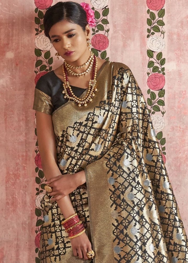 Midnight Black Handloom Weaving Silk Saree with Golden Border