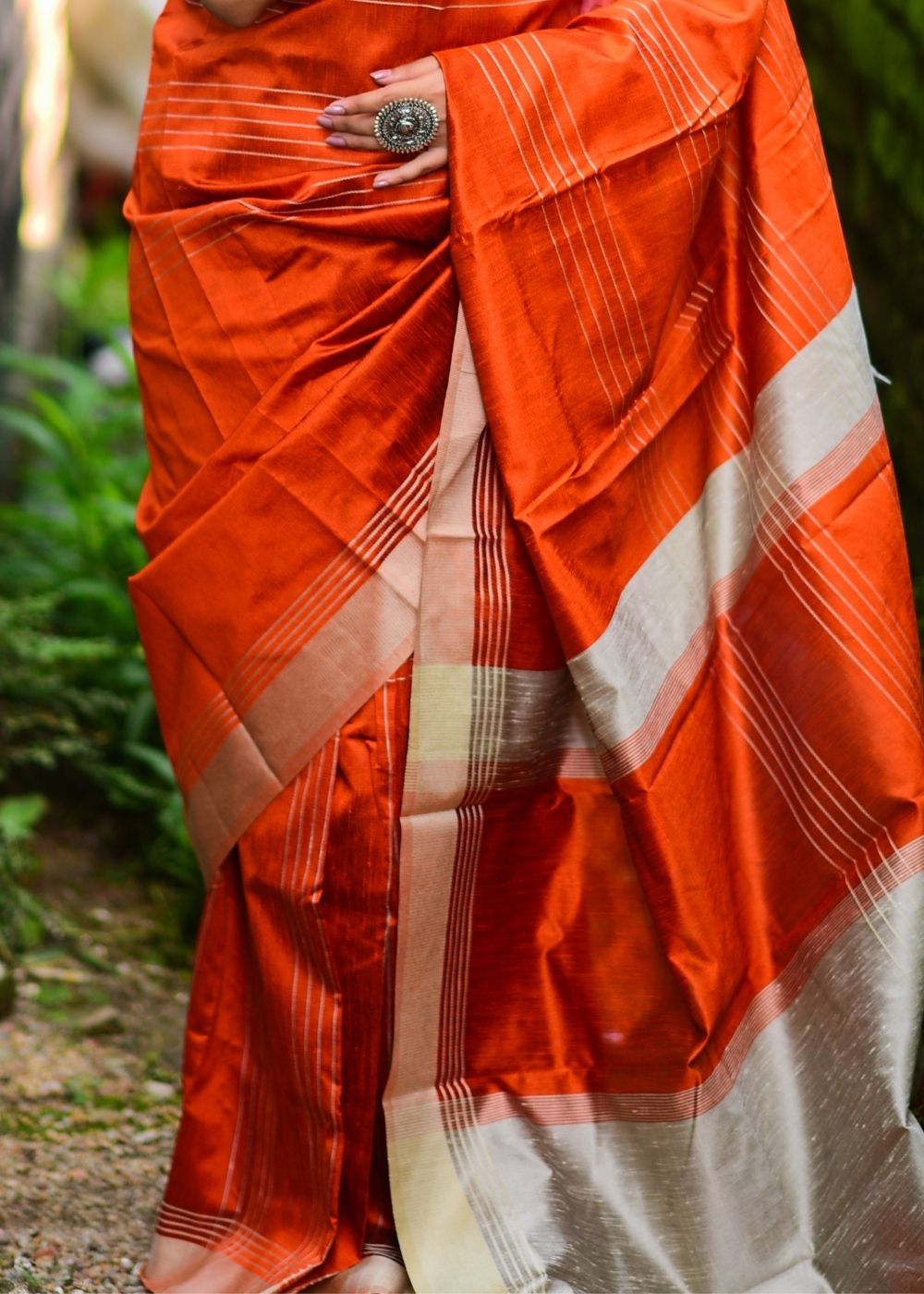 Rust Orange Designer Raw Silk Saree