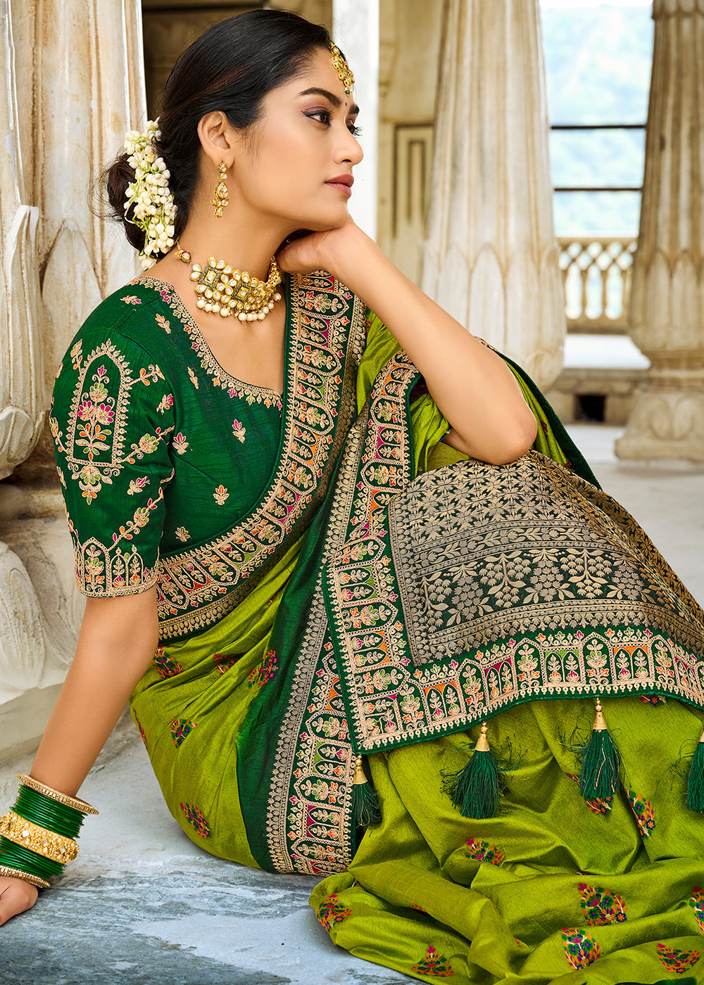 Olive Green Woven Dola Silk Saree with Embroidered Blouse
