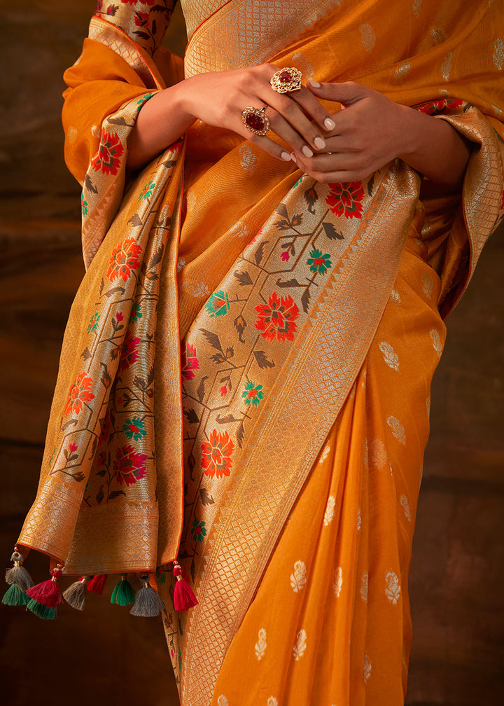 Carrot Orange Paithani Banarasi Silk Saree having Resham Woven Floral Motifs