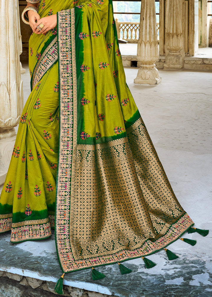 Olive Green Woven Dola Silk Saree with Embroidered Blouse
