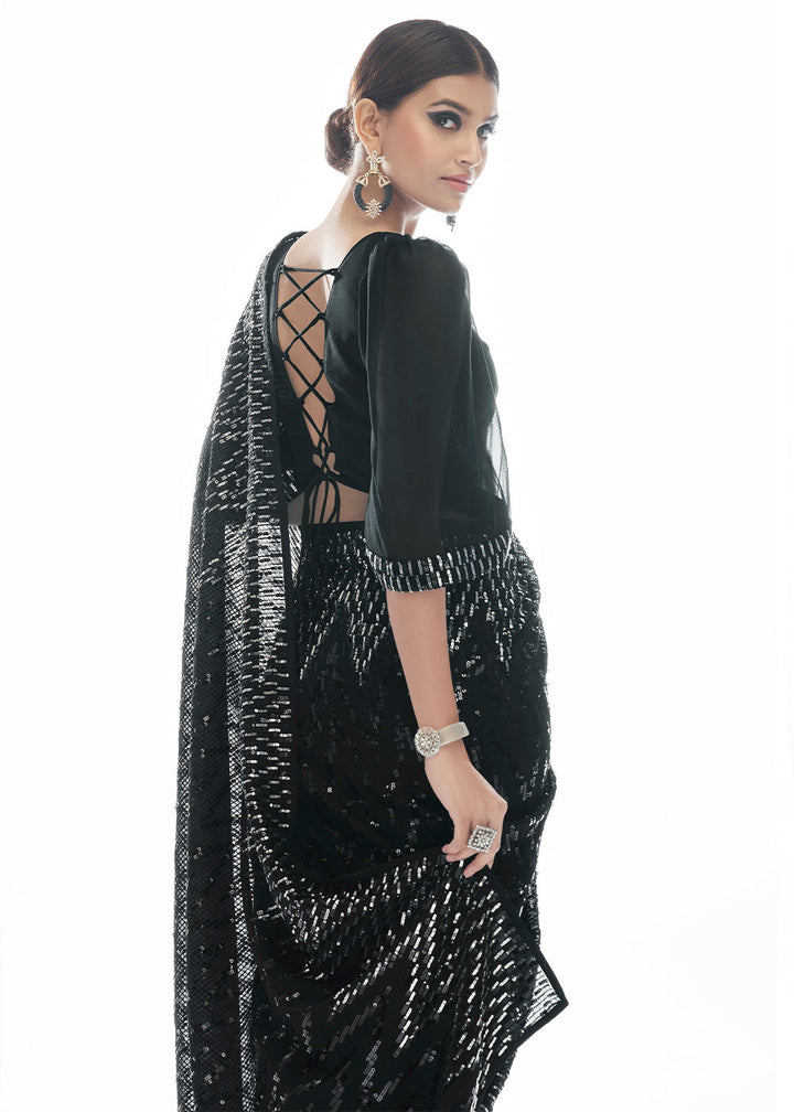 Midnight Black Sequins & Thread Embroidered Designer Georgette Saree