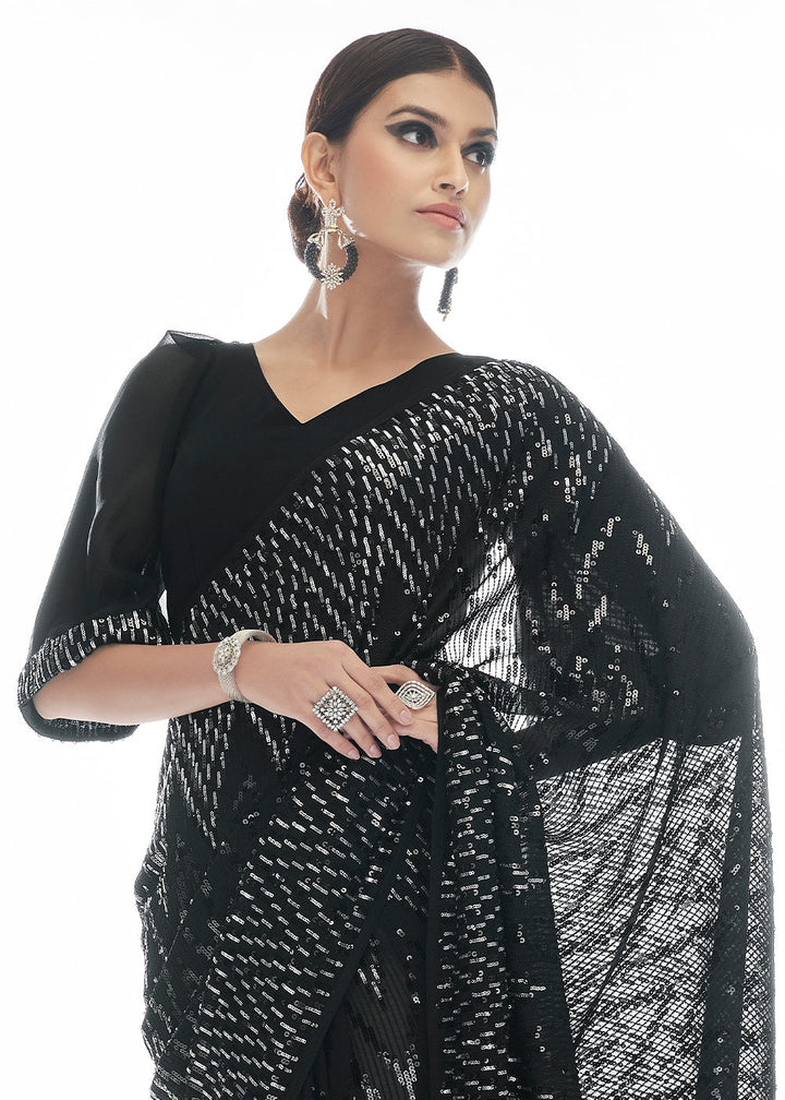 Midnight Black Sequins & Thread Embroidered Designer Georgette Saree
