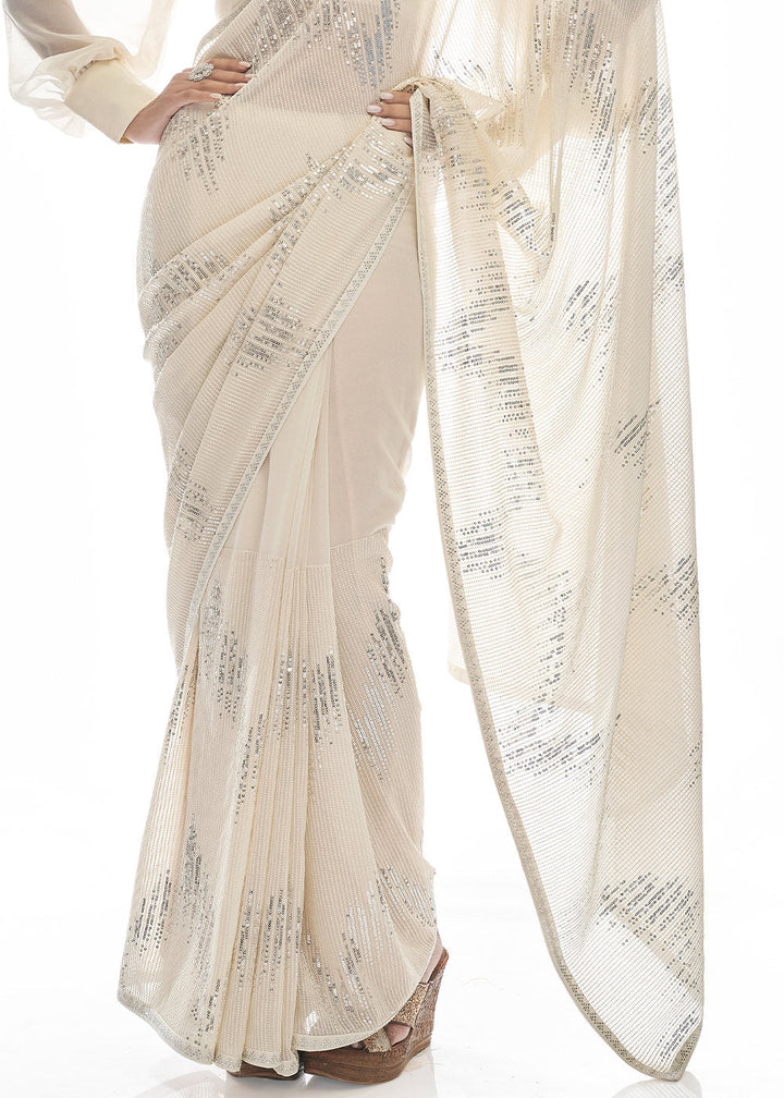 Daisy White Sequins & Thread Embroidered Designer Georgette Saree
