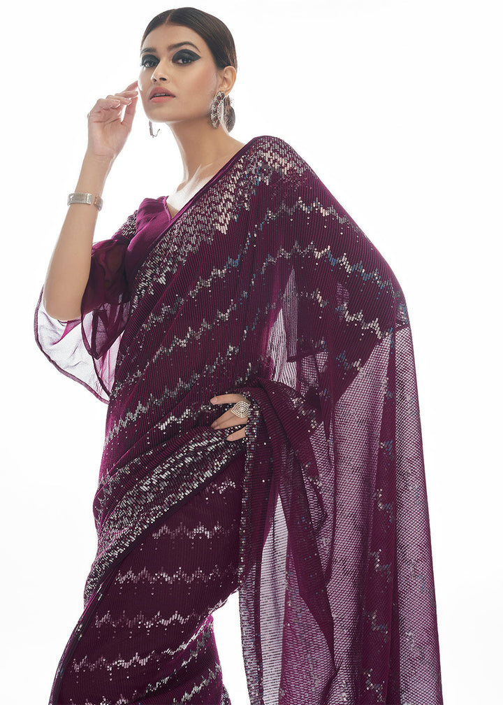 Plum Purple Sequins & Thread Embroidered Designer Georgette Saree