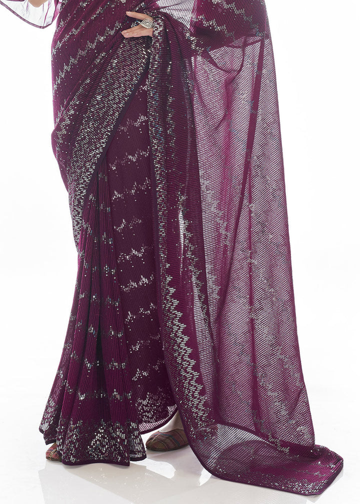Plum Purple Sequins & Thread Embroidered Designer Georgette Saree