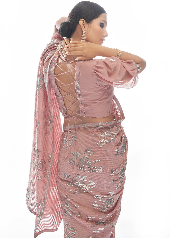 Peach Pink Sequins & Thread Embroidered Designer Georgette Saree