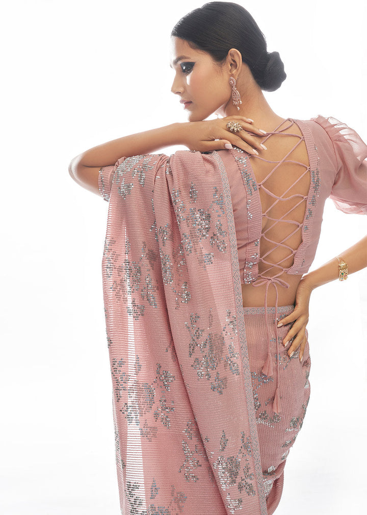 Peach Pink Sequins & Thread Embroidered Designer Georgette Saree