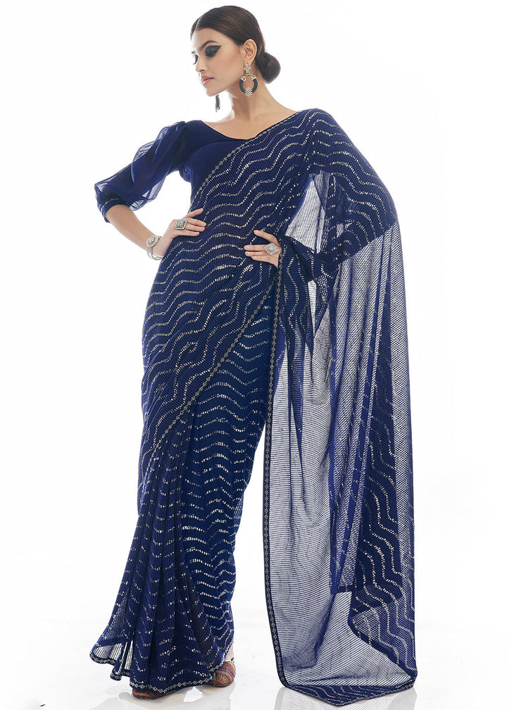 Navy Blue Sequins & Thread Embroidered Designer Georgette Saree