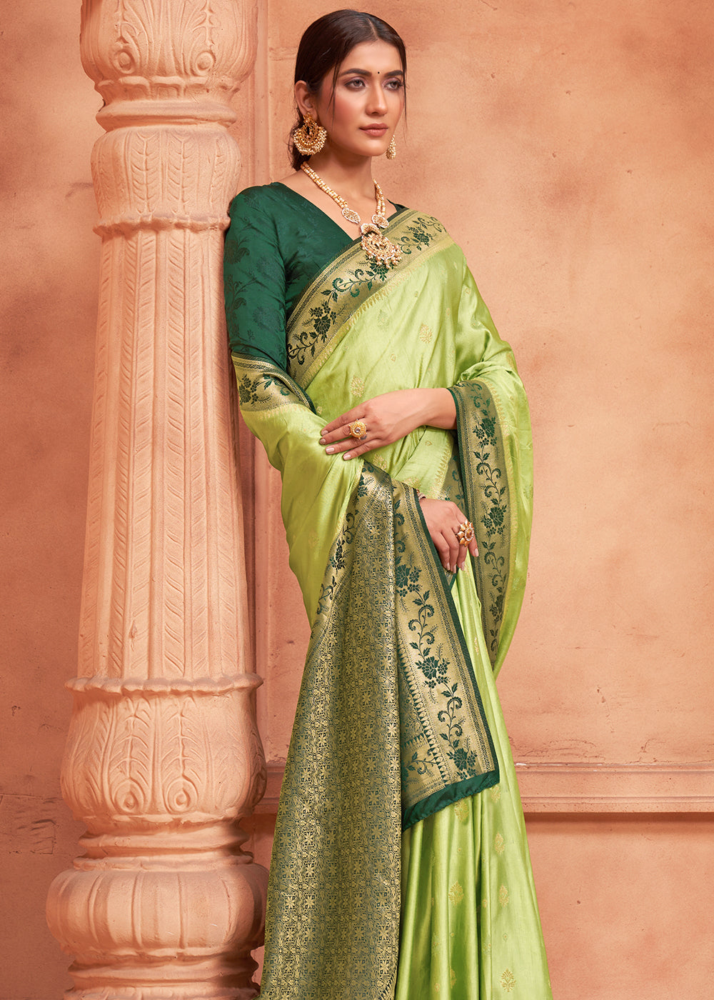 Pastel Green Satin Silk Saree with Overall Butti work
