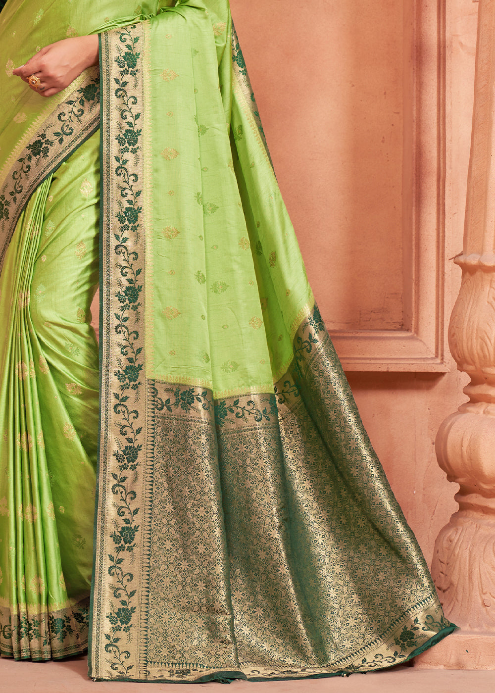 Pastel Green Satin Silk Saree with Overall Butti work