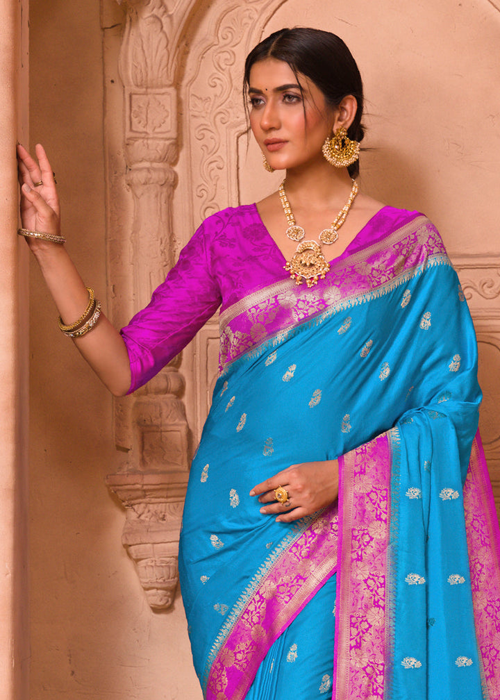 Cerulean Blue Satin Silk Saree with Overall Butti work