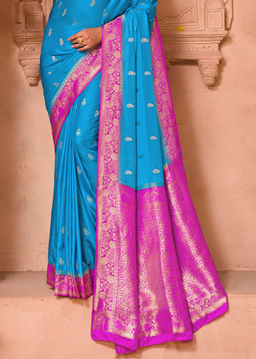 Cerulean Blue Satin Silk Saree with Overall Butti work