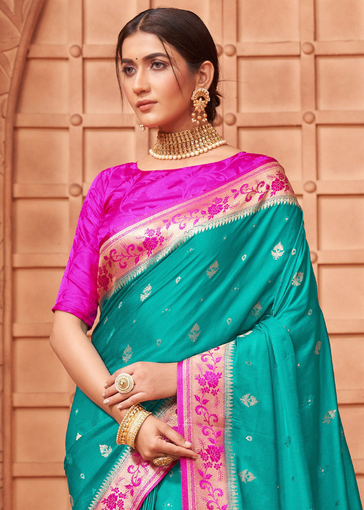 Turquoise Green Satin Silk Saree with Overall Butti work